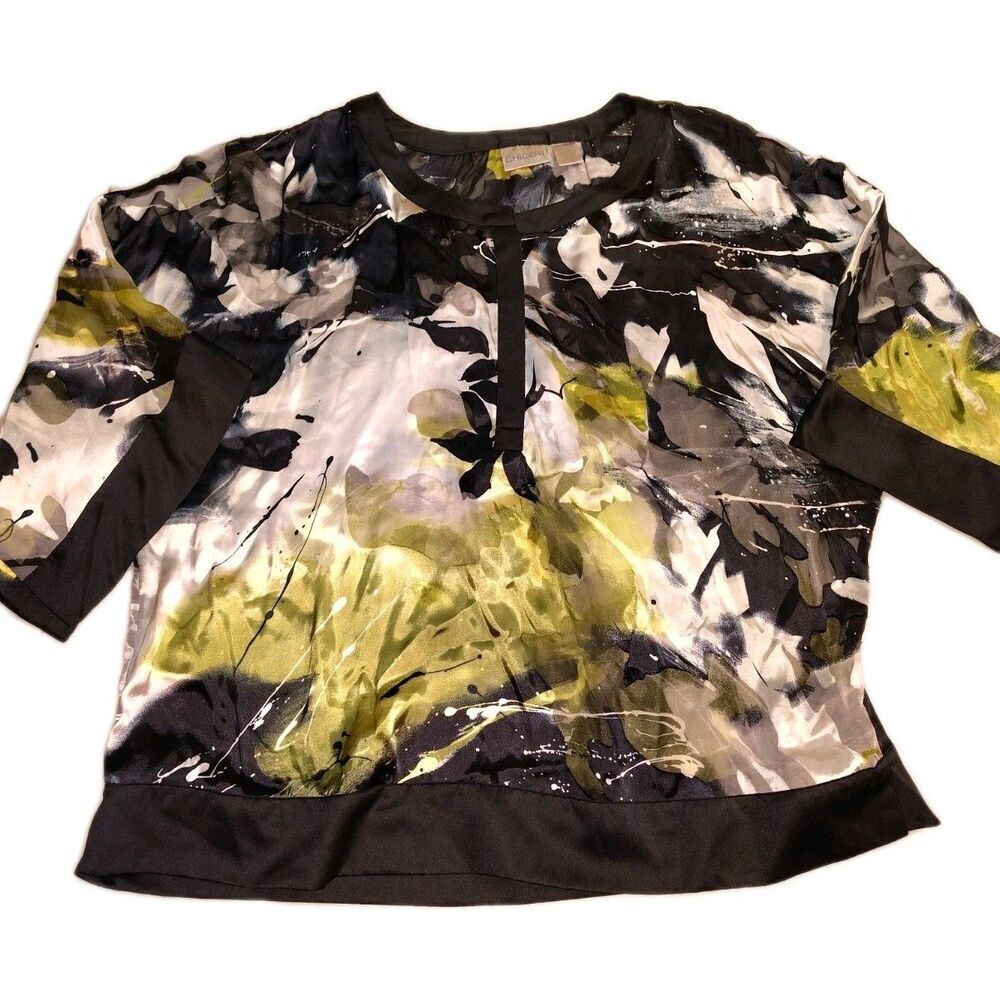 Chico's Silk Blend Sheer Paneled Abstract Blouse Size 1 M Chartreuse Art To Wear